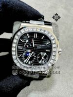 Patek Philippe Nautilus 5712 Gray Dial Stoned Bezel with Black Leather Strap Copy