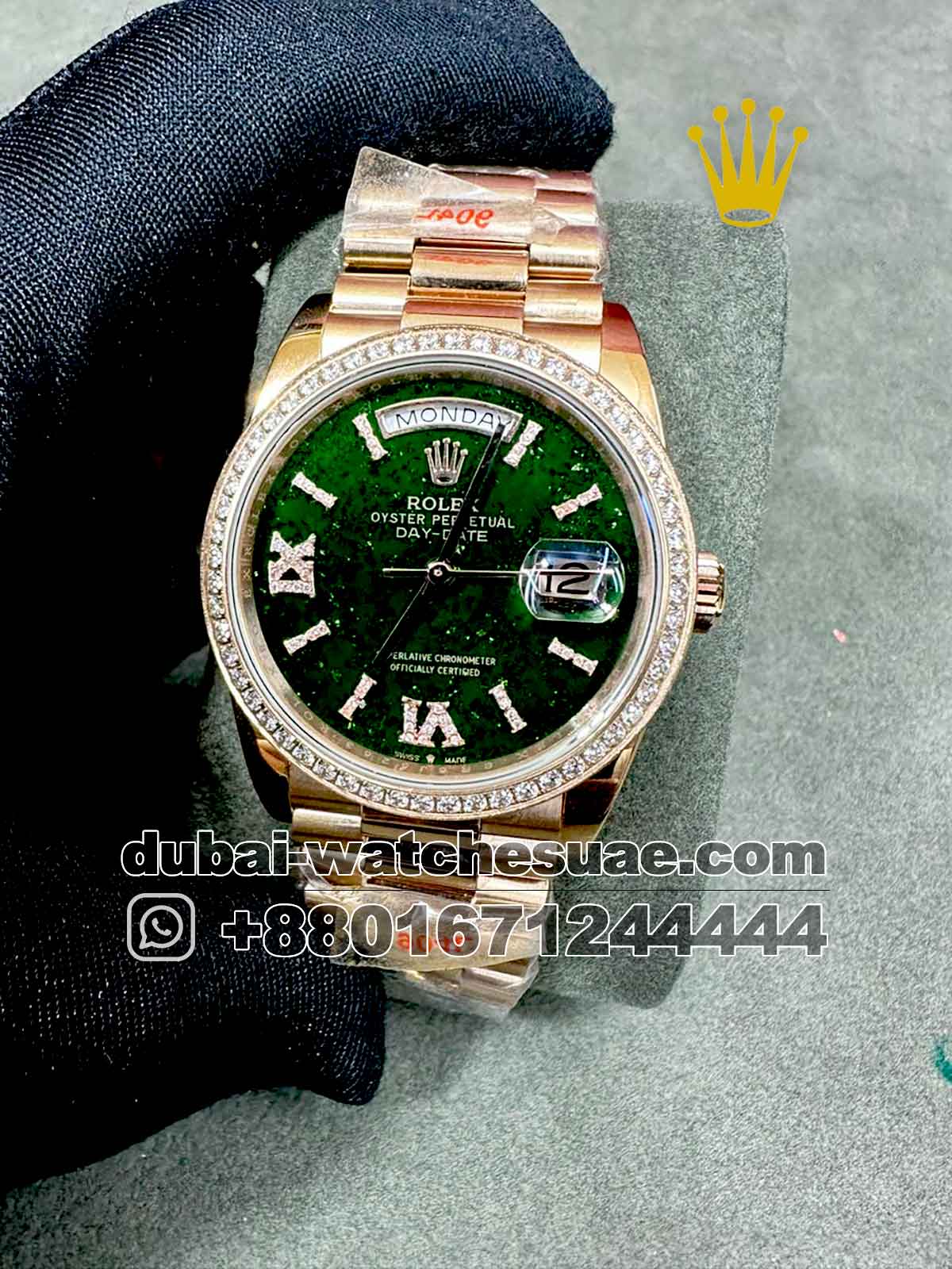 1-a-3-6.jpg Rolex 36 mm Day Date Green face With Roman Numeral Stoned Bezel President Bracelet Copy - Image 1