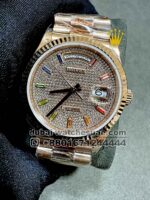 Rolex 36 mm Rose Gold  Day Date Stoned Dial With Rainbow Stoned Numeric Flutted Bezel  Copy