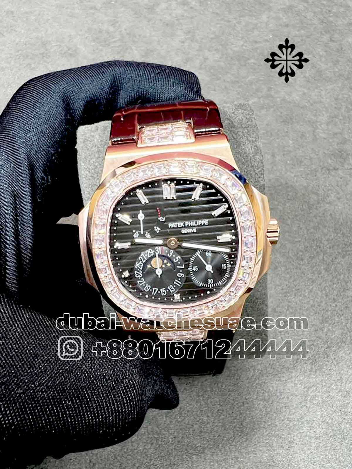 1-a-5-2.jpg Patek Philippe Nautilus 5712 Gray Dial Stoned Bezel with Brown Leather Strap - Image 1