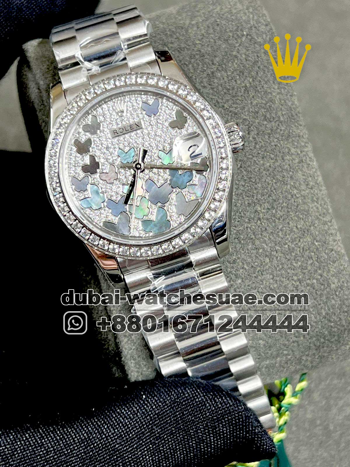 1.1-1-1.jpg The Rolex Date just 31 mm White Gold Diamond Pave Mother of Pearl Stoned Bezel Stainless Steel. - Image 1