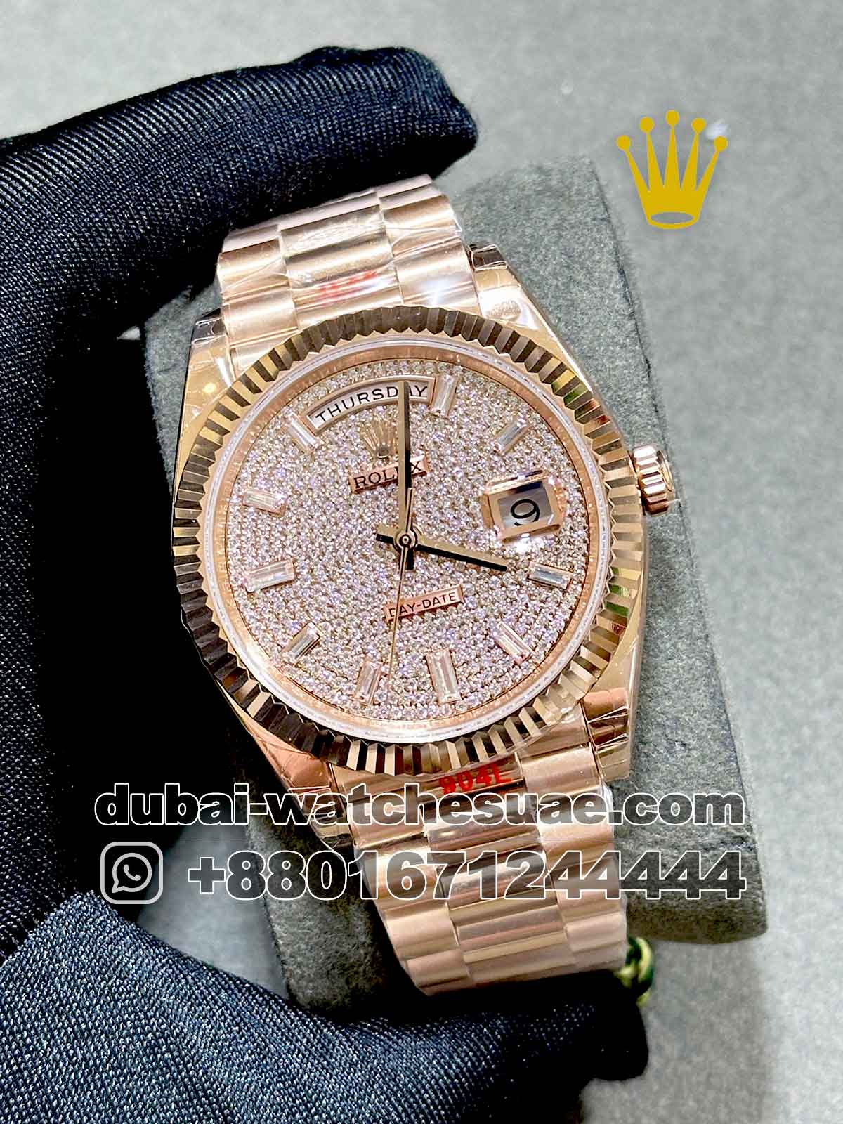 10-a-10.jpg Rolex 40? mm Day Date Rose Gold Stoned Dial With White Stoned Numeric and Flutted Bezel Copy - Image 1