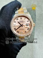 Rolex 36 mm Date Just Rose Gold? Dial Roman Numeric With? Stoned Rose Gold? lined Bezel Copy