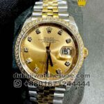 Rolex 36 mm Date Just? Gold? ?Dial Roman Numeric With? Stoned? Gold? lined Bezel Two Tone Jubilee Copy