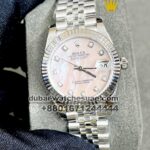 Ladies Rolex 31mm Date Just Pink Dial Mother of Pearl flutted Bezel Stainless Steel Jubilee Bracelet Watch: