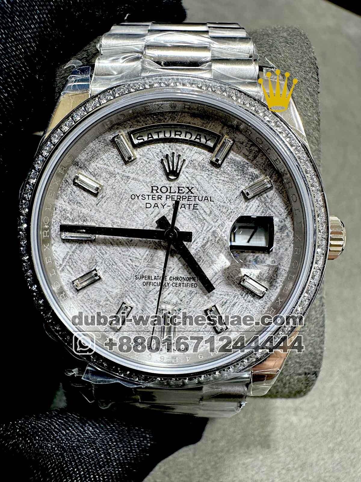 12-a-1-2.jpg Rolex Day-Date 40mm Meteorite White Dial With Stone Numeric and Stoned Bezel Copy - Image 1