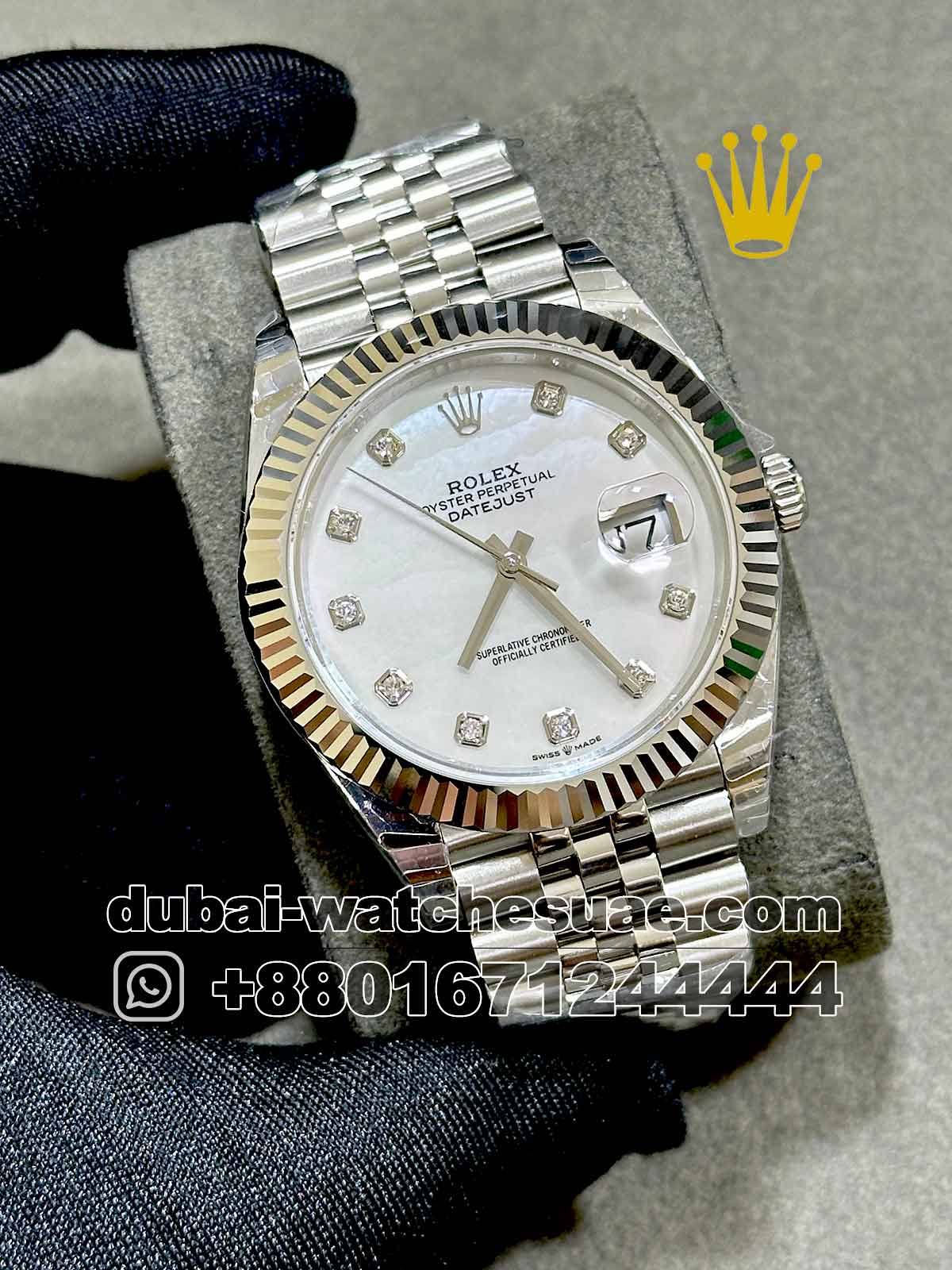 13-a-8.jpg Rolex 41? mm Date Just? White Mother Of Pearl Dial and? Stonned Numeric Flutted Bezel With? ?Jubilee Bracelet - Image 1