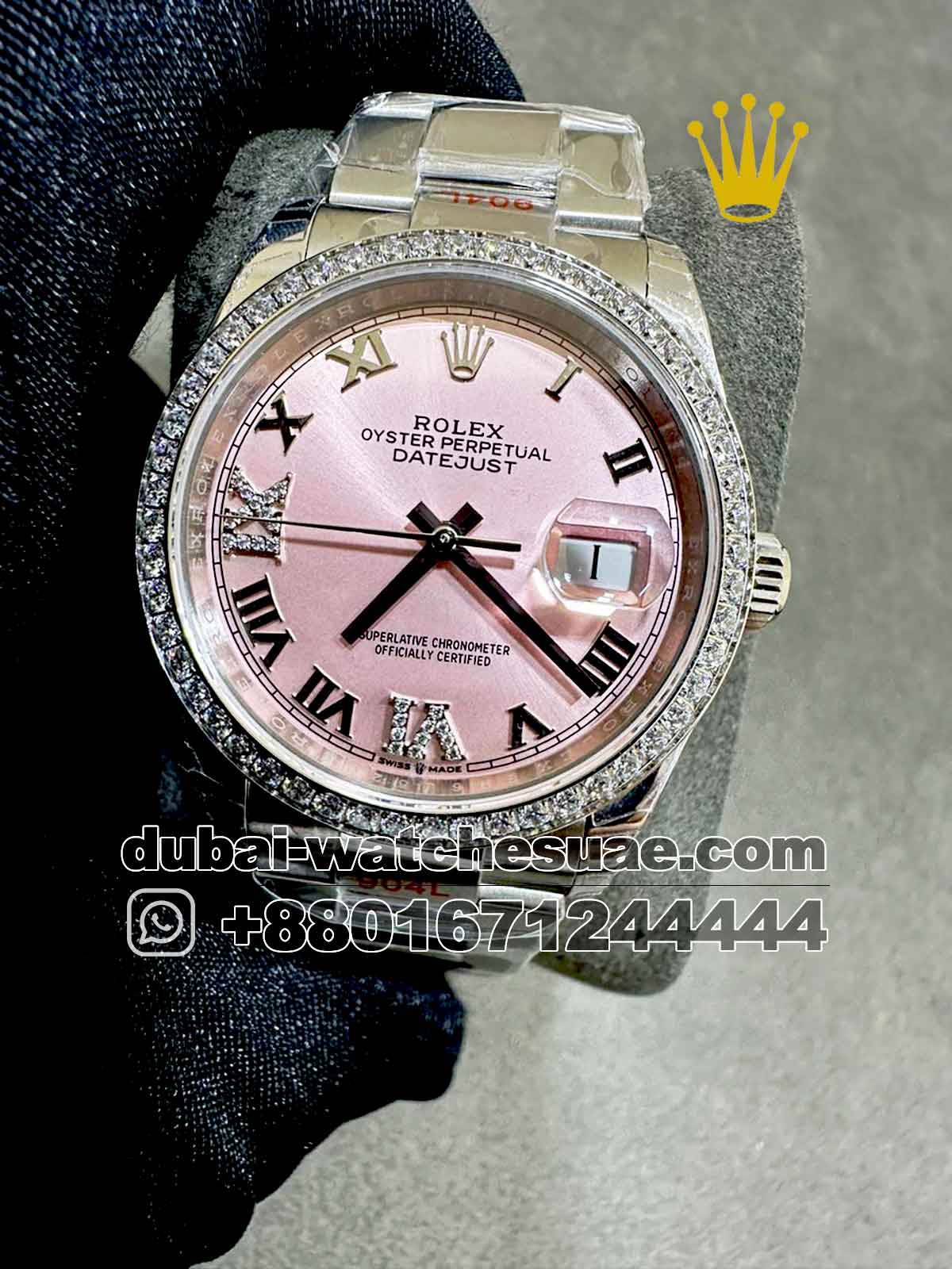 14-a-5.jpg Rolex 36 mm Date Pink Dial? With Roman Nemeric Stoned Bezel? ?Oyster? Bracelet Copy - Image 1