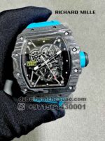 Richard Mille 44.5mm RM35-02 Black Carbon Fiber Light Blue Rubber Strap Black Skeletonized