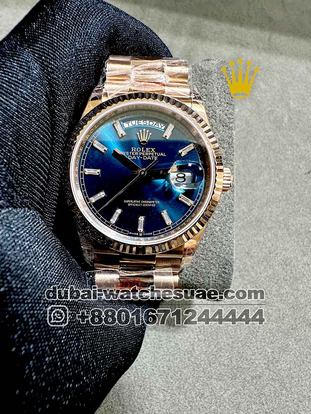 2-a-26.jpg Rolex Day Date 36 mm light blue Dial diamond numeric and Flutted Bezel with Rose Gold Bracelet Copy - Image 1