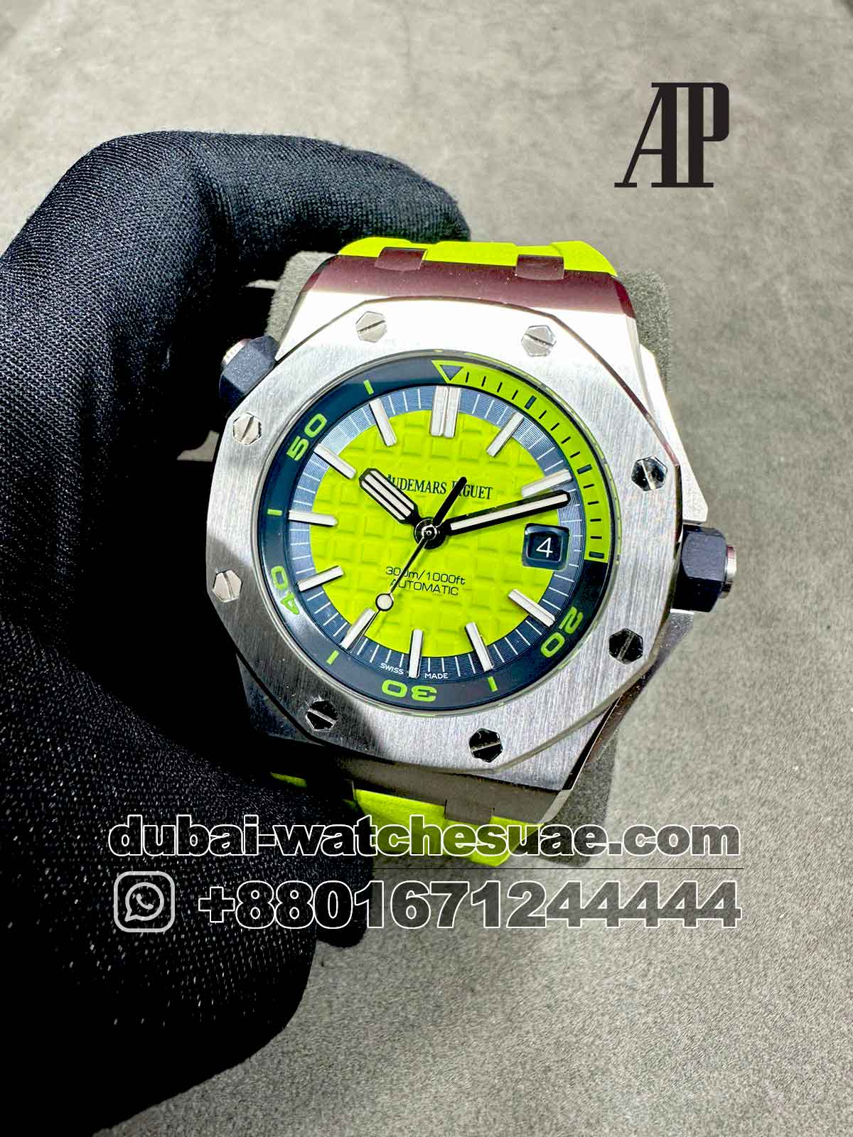 2-a-3-6.jpg Audemars Piguet Royal Oak Offshore Diver 41 mm Lemon Green Dial With Rubber Strap Copy - Image 1
