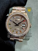 Rolex 36 mm Day Date Rose Gold Stoned Dial With Stoned Bezel Rainbow Stoned Numeric President Bracelet Copy