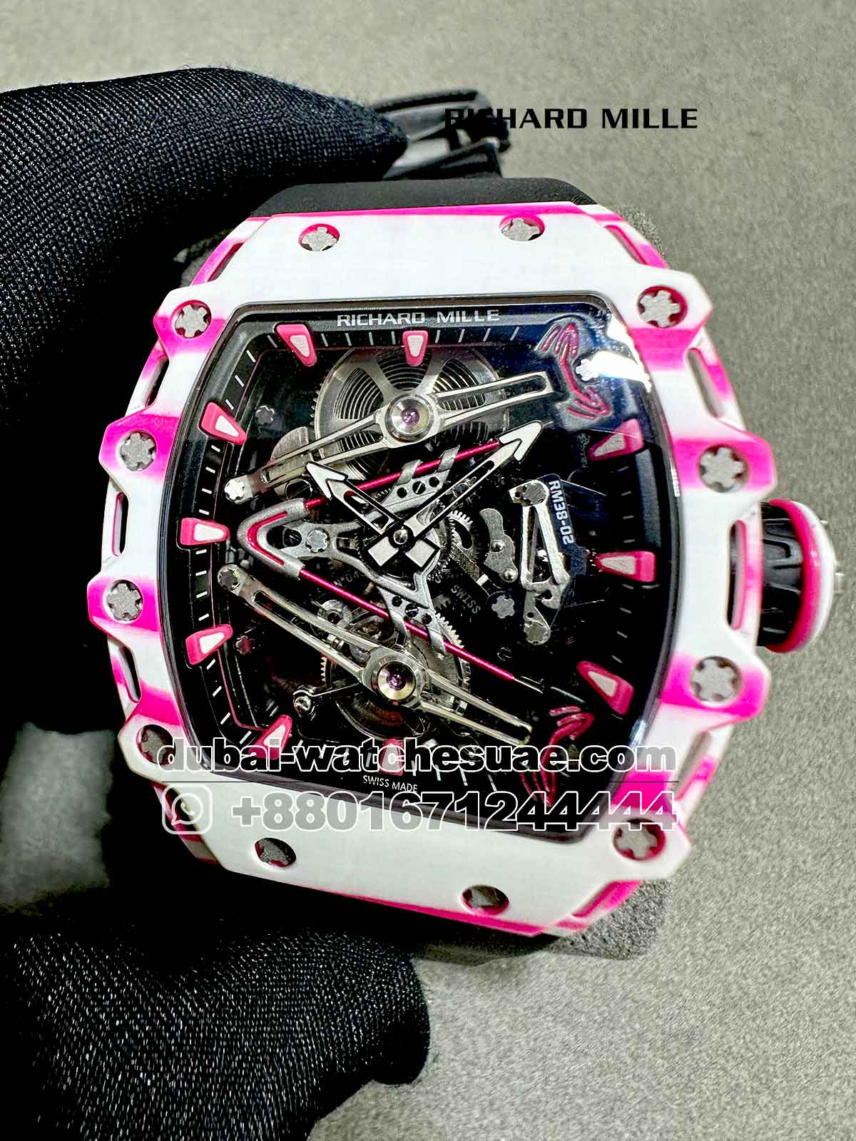 2-a-5-3.jpg Richard Mille RM 38-02 Tourbillon Super Slim White and Pink With Black Rubber Strap Copy - Image 1