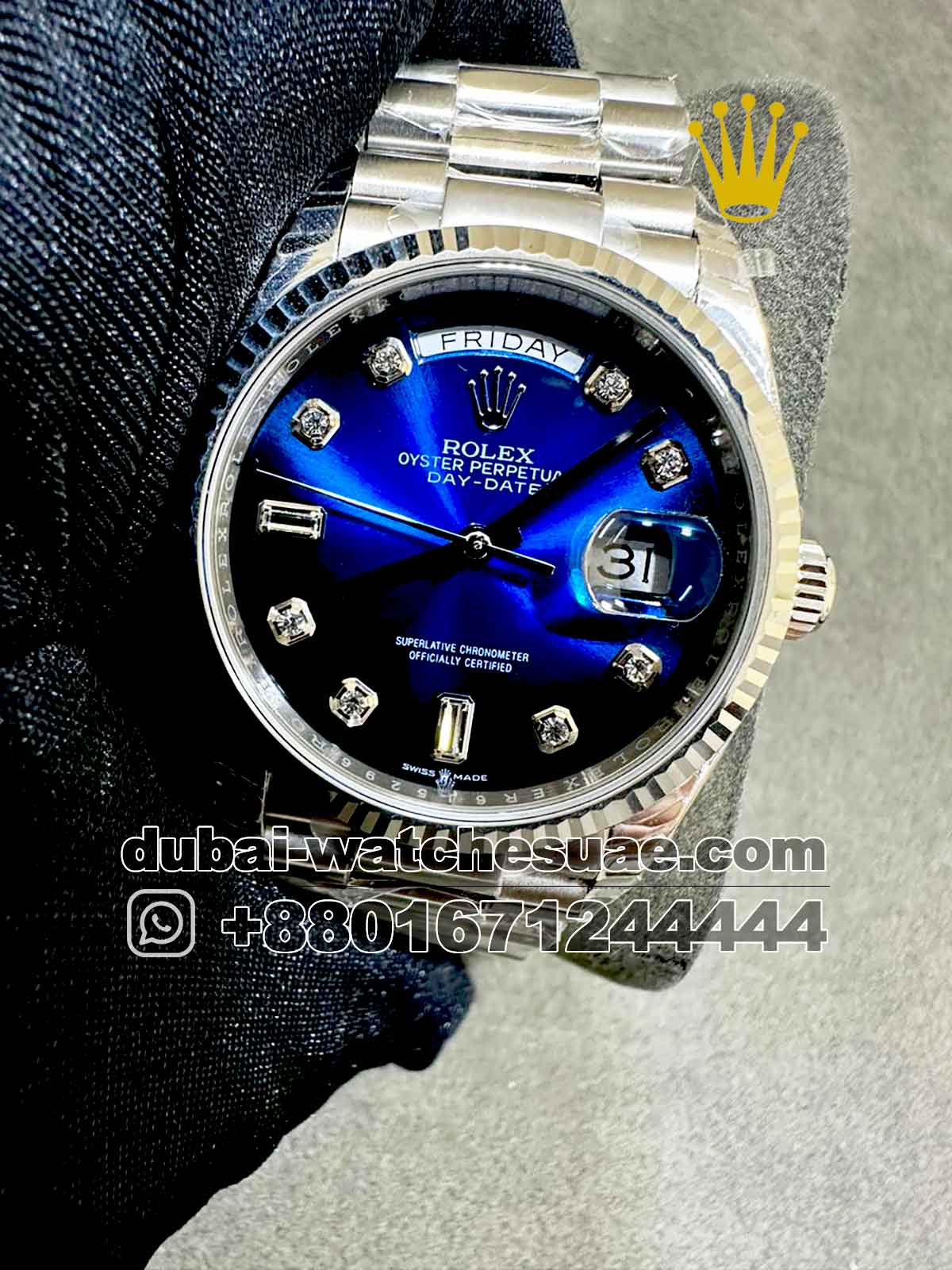 20-a-1.jpg Rolex 36 mm Day Date Blue? Dial Stoned? Numeric With? Flutted Bezel Copy - Image 1