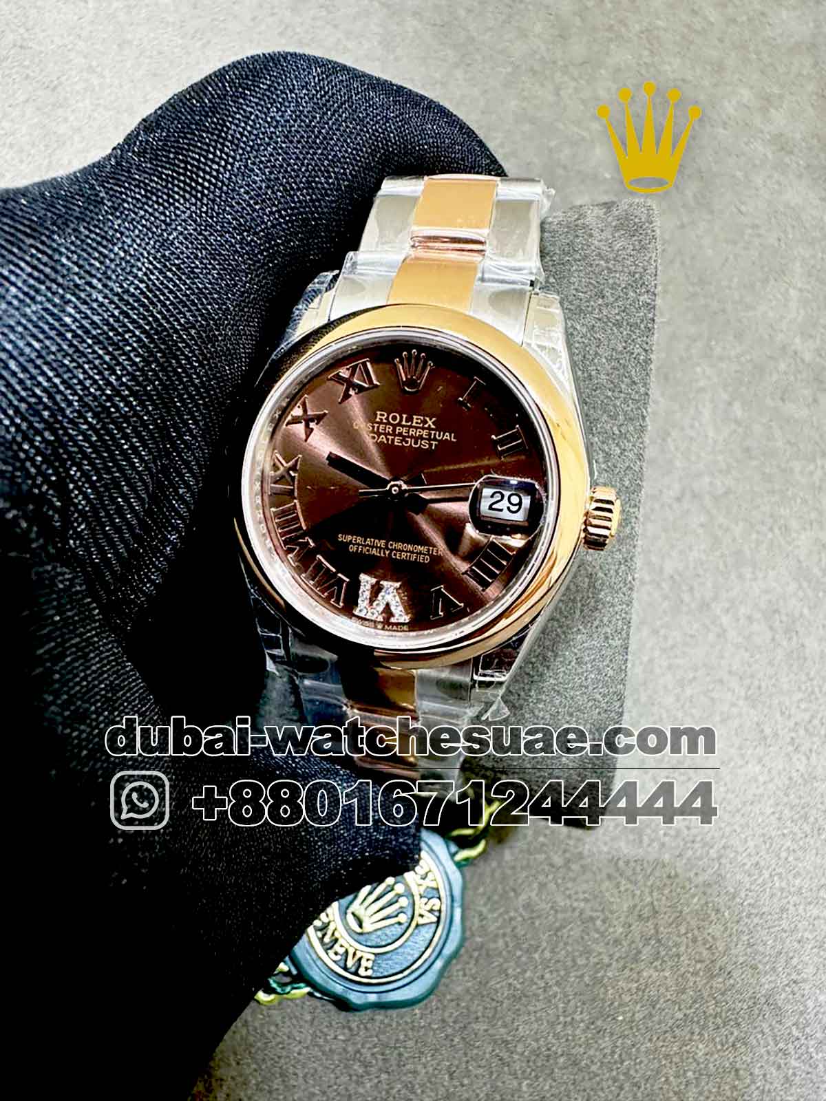 21-a-1.jpg Rolex 31 mm Date Chocolate Dial? With Roman Nemeric Stoned Bezel? ?Oyster? Two Tone Bracelet Copy - Image 1