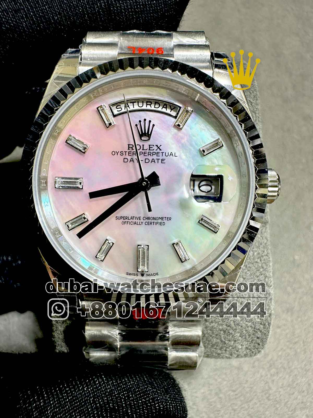3-a-2-11.jpg Rolex Day Date 40 mm White Mother of? Pearl?Dial? Stonned Numeric and Flutted? Bezel with? Steel President Bracelet Copy - Image 1