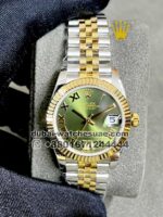 Rolex 31 mm date just two tone Green gold ,Stonework, Roman number,golden flutted bezel