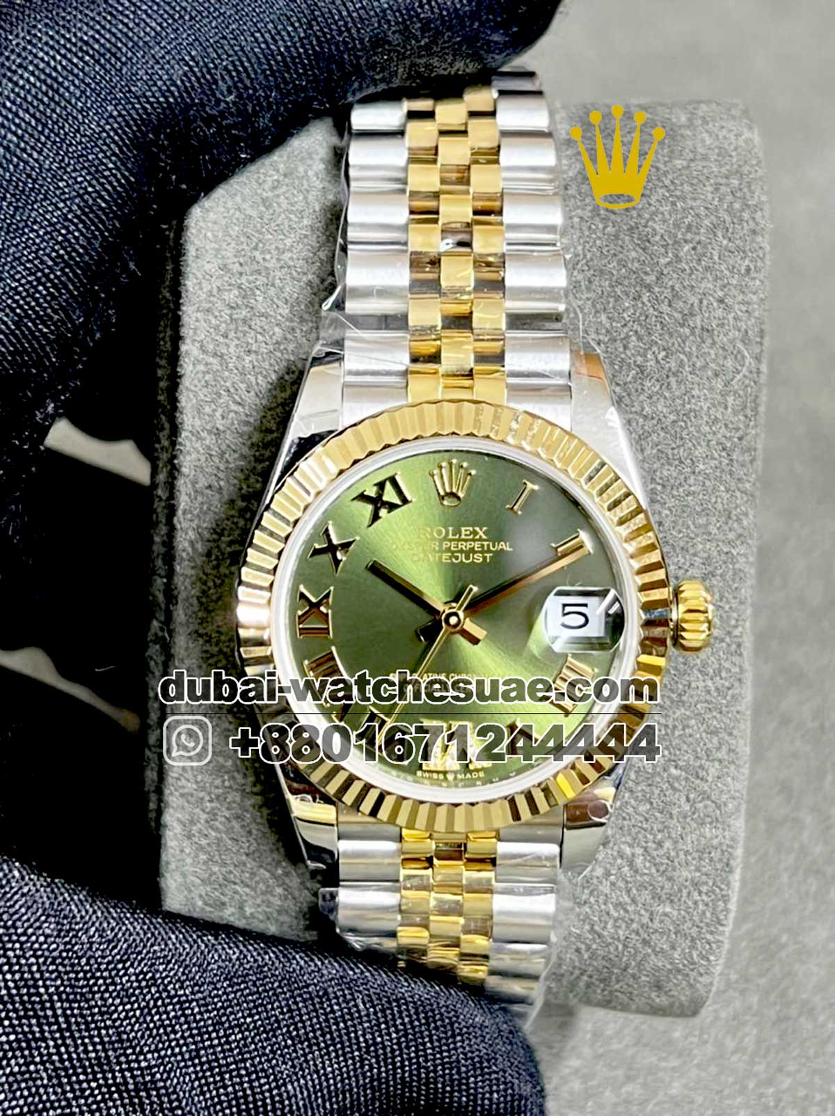 30.1-1-1.jpg Rolex 31 mm date just two tone Green gold ,Stonework, Roman number,golden flutted bezel - Image 1