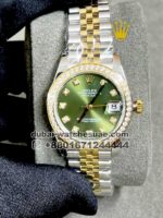 Rolex 31 mm date just two tone Light green face, Stonework Bezel