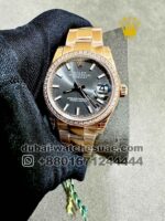 Rolex 31 mm date just Gray Dial Stoned Bezel with Rose Gold Oyster? Bracelet Copy