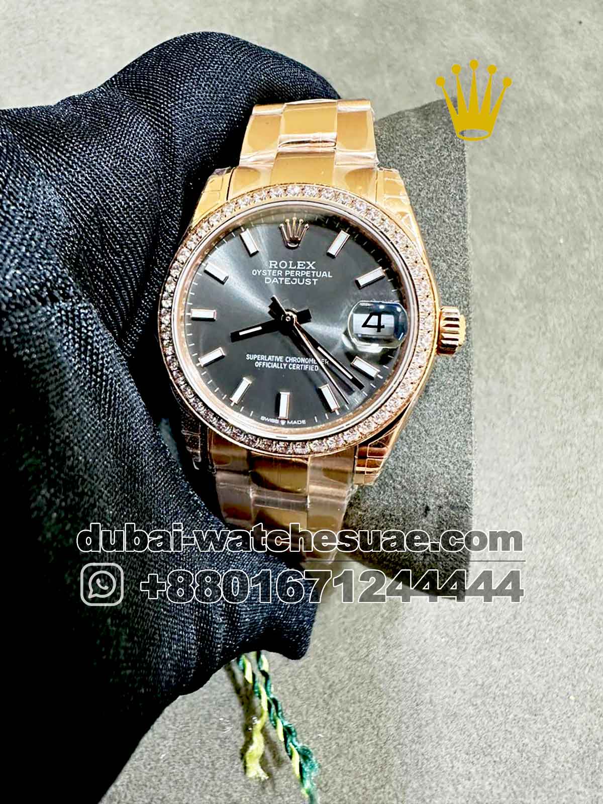 35-a.jpg Rolex 31 mm date just Gray Dial Stoned Bezel with Rose Gold Oyster? Bracelet Copy - Image 1