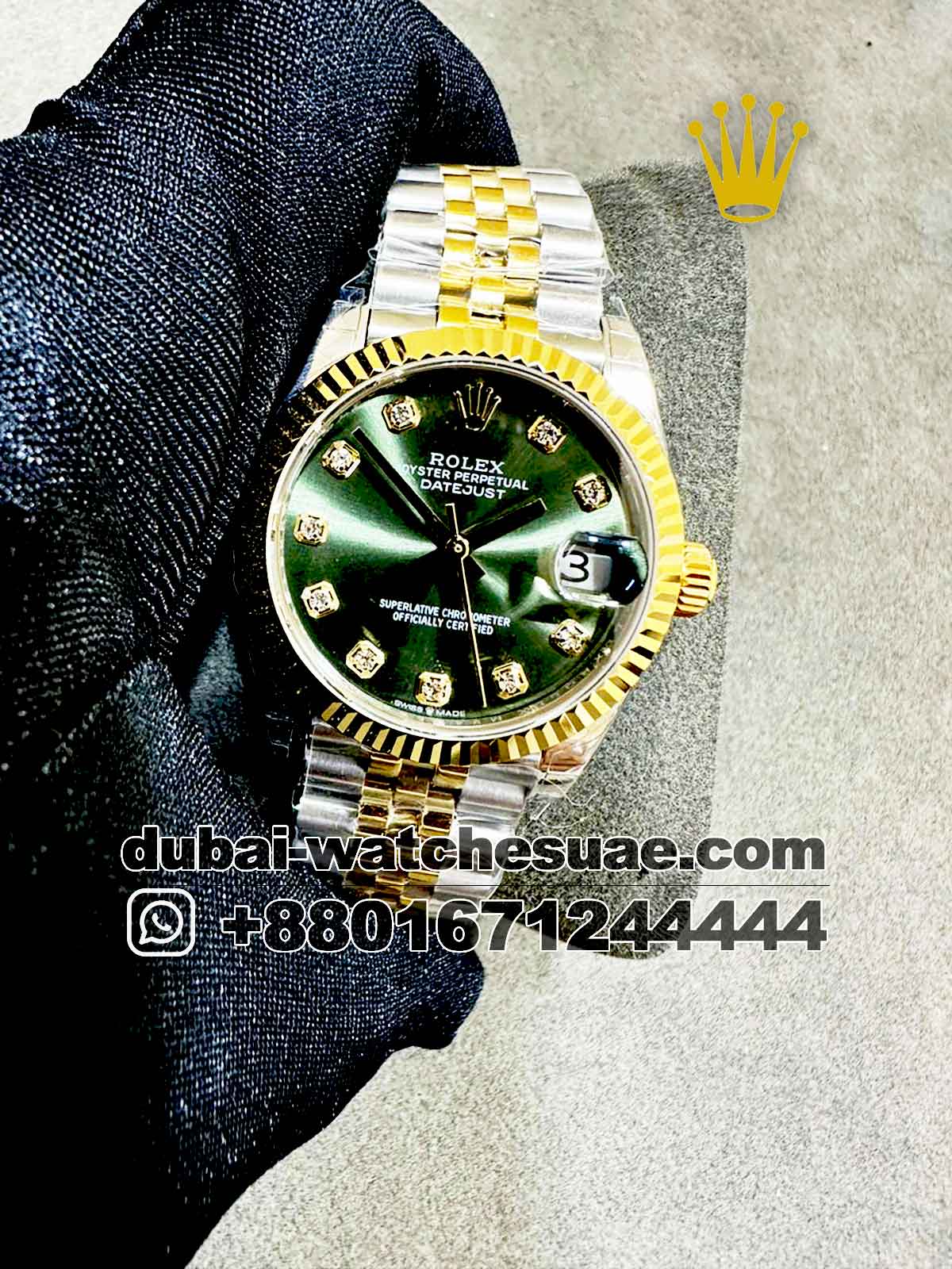 37-a.jpg Rolex 31 mm date just Olive Dial Stone Numeric with Two Tone Jubilee? Bracelet Copy - Image 1