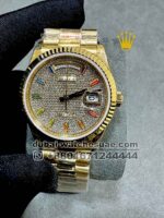 Rolex 36 mm? Gold Day Date Stoned Dial With Rainbow Stoned Numeric Flutted Bezel with President Bracelet Copy