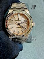 Audemars Piguet Royal Oak 37 mm Rose Gold Dial Multicolor Stonned Bezel With Rose Gold Bracelet Copy