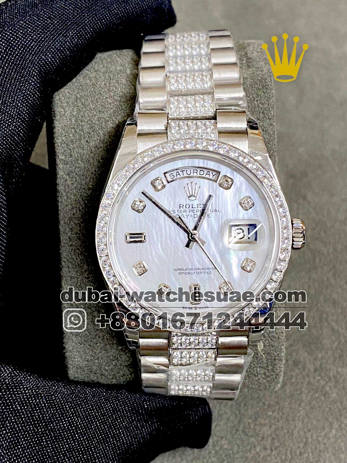 43.1-2.jpg Rolex 36 mm date just Ice out Day Date White face ,Stonework - Image 1