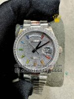 Rolex 36 mm? Silver Day? Date Stoned Dial With Rainbow Stoned Numeric Stoned Bezel With President Bracelet Copy