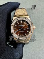 Audemars Piguet Royal Oak 37 mm Brown Dial Multicolor Stonned Bezel With Rose Gold Bracelet Copy