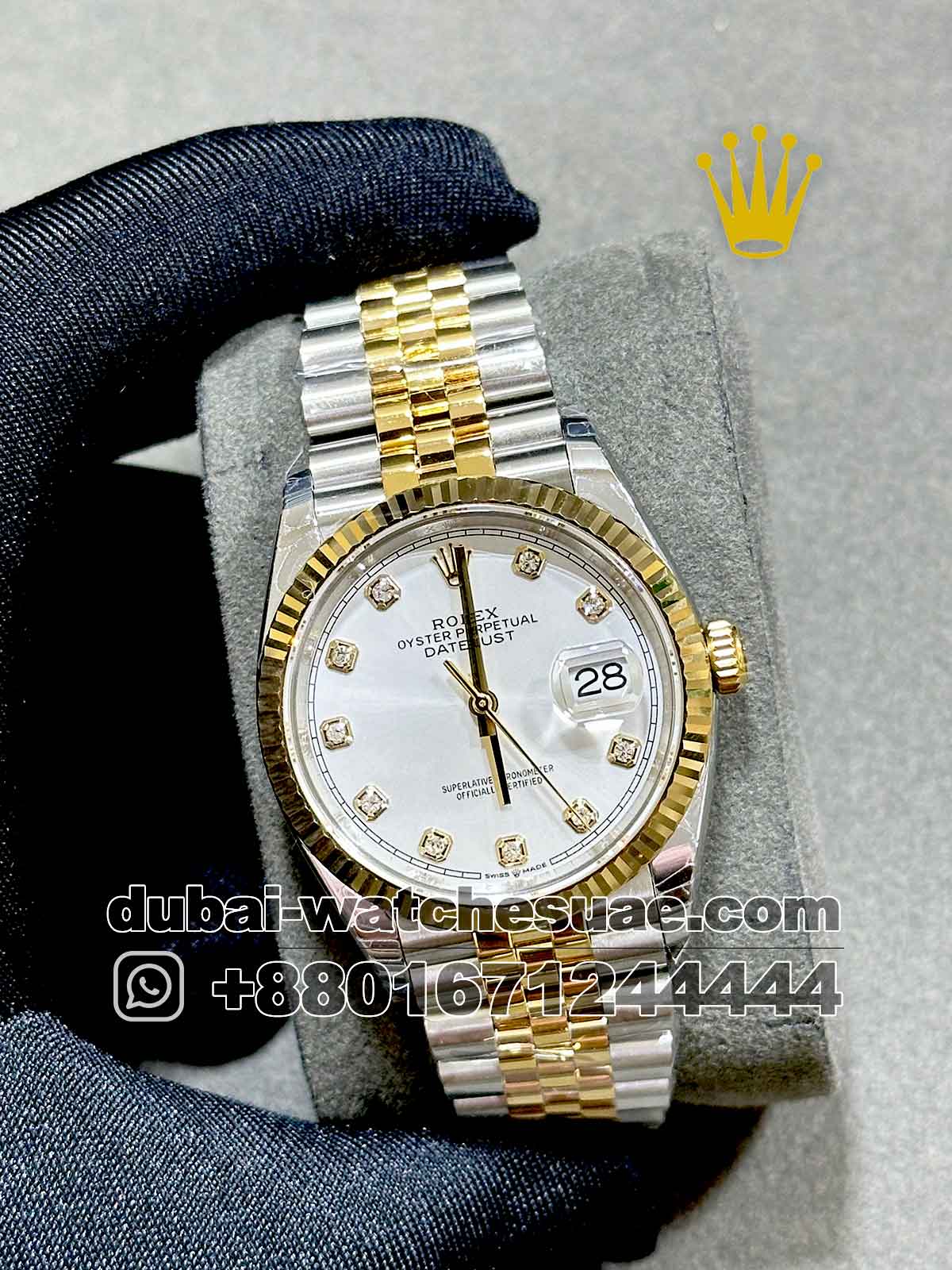 5-a-3-4.jpg Rolex 36 mm Date Just White Dial With Stonned Numeric Flutted Bezel with? Two Tone? Jubilee Bracelet Copy - Image 1