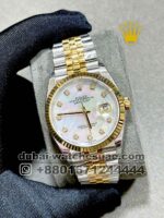 Rolex 36 mm Date Just White Mother Of Pearl With Stonned Numeric With Gold Two Tone Jubilee Bracelet Copy