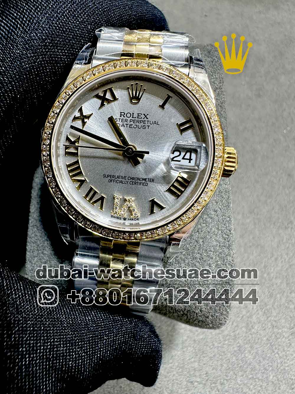 6-a-18.jpg Rolex 31 mm Date Just Silver dial With Roman Numeric and Stonned Bezel With Two Tone Jubilee Bracelet Copy - Image 1