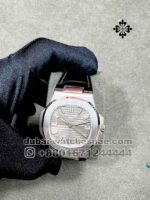 Patek Philippe Nautilus Gray Dial Silver Bezel with Black Leather Strap - Image 2