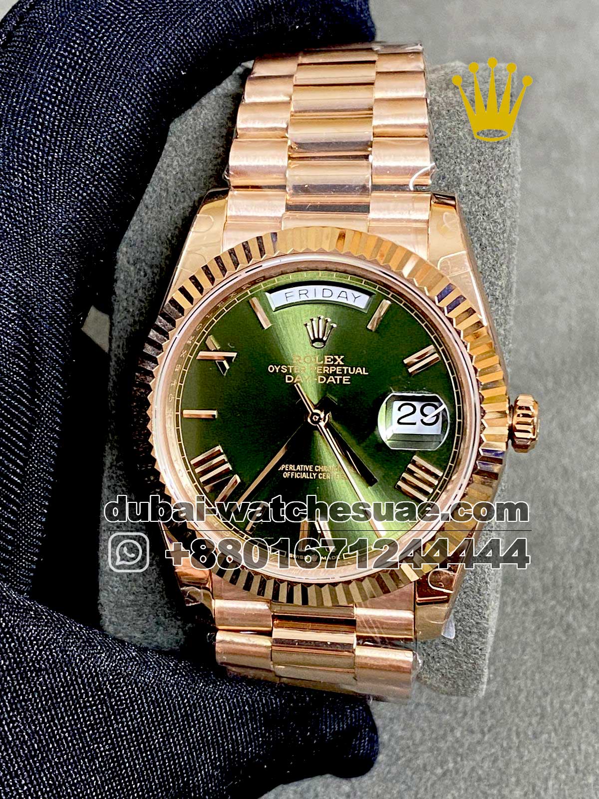 65.1.jpg Rolex 40mm Daydate Rose Gold Green Face Watch - Image 1