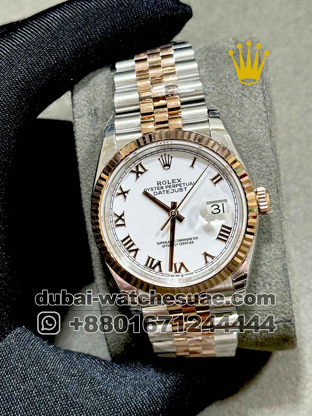 7-a-1-7.jpg Rolex 36 mm Date Just White Dial and? Roman Numeric With Rose Gold Two Tone Jubilee Bracelet Copy - Image 1