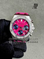 AUDEMARS PIGUET Royal Oak Offshore Chronograph 26231OR.ZZ.D003CA.01 Pink Dial Blue Sub Dial Stoned Bezel With Pink Rubber  Strap