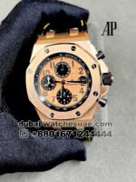 Audemars Piguet RoyalOak Offshore Chronograph 42mm Champagne Dial With Black Sub Dial Rose Gold Bezel Leather Strap