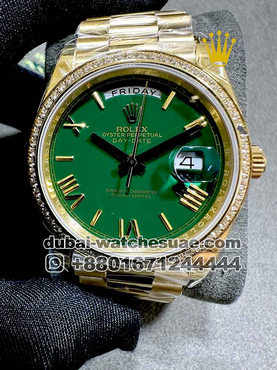 8-a-11.jpg Rolex Day Date 40 mm Green? Dial and Stoned Bezel with Roman Number Copy - Image 1