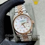 Rolex 36 mm Date Just White Mother Of Pearl With Stonned Numeric With Rose Gold Two Tone Jubilee Bracelet Copy