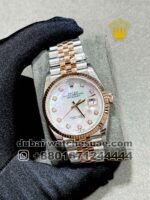 Rolex 36 mm Date Just White Mother Of Pearl With Stonned Numeric With Rose Gold Two Tone Jubilee Bracelet Copy