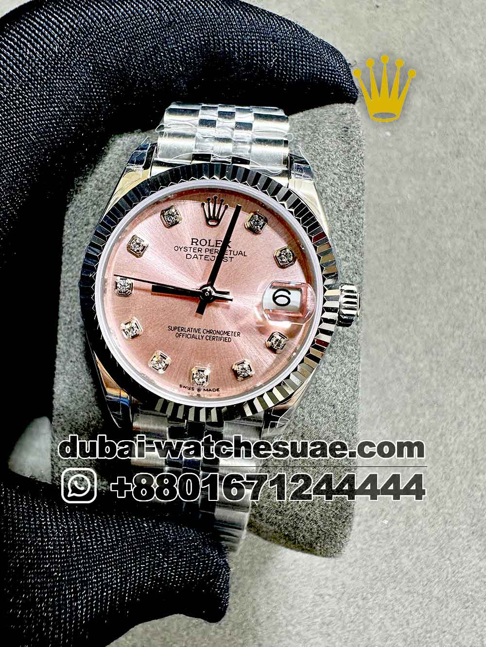 8-a-15.jpg Rolex 31 mm Date Just Pink dial With Stone Numeric , Flutted Bezel And Silver Jubilee Bracelet Copy - Image 1