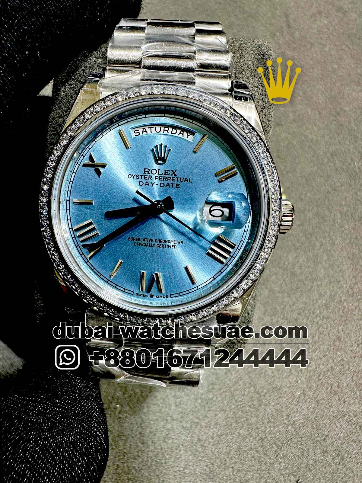 9-a-1-5.jpg Rolex Day Date 40 mm Blue Dial With Stone Numeric? And Bezel With? Oyster Bracelet Copy - Image 1
