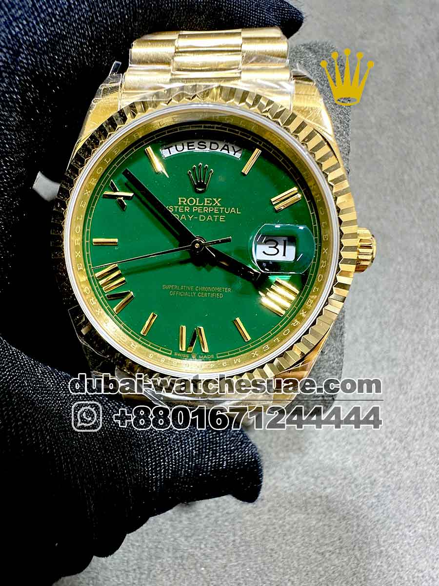 9-a-10.jpg Rolex Day Date 40 mm Green? Dial with Roman Number With President Bracelet Copy - Image 1