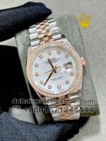 Rolex 36 mm Date Just White Mother Of Pearl With Stonned Numeric and Bezel? With Rose Gold Two Tone Jubilee Bracelet Copy
