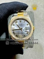 Rolex 36 mm Date Just Silver? Dial Roman Numeric With? Stoned Gold lined Bezel Copy