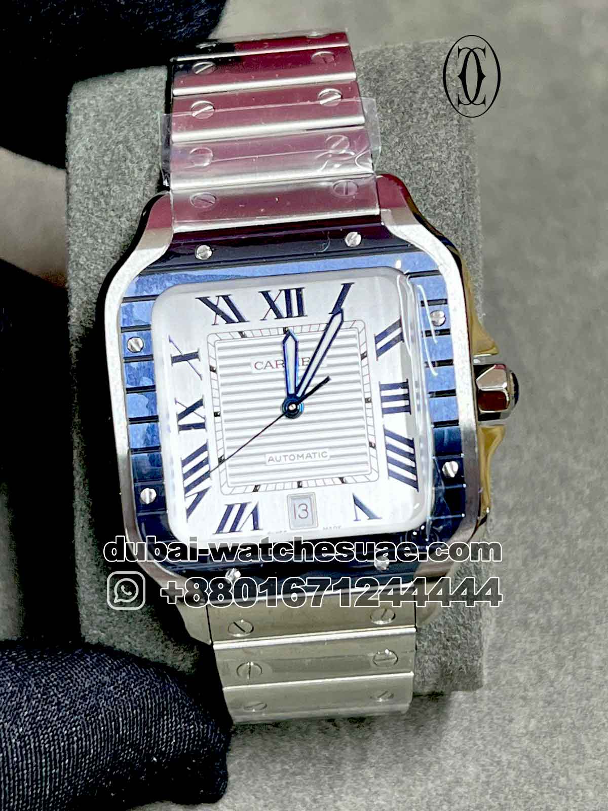 c1-a.jpg Santos de Cartier Blue Bezel and White Dial Stainless Steel - Image 1