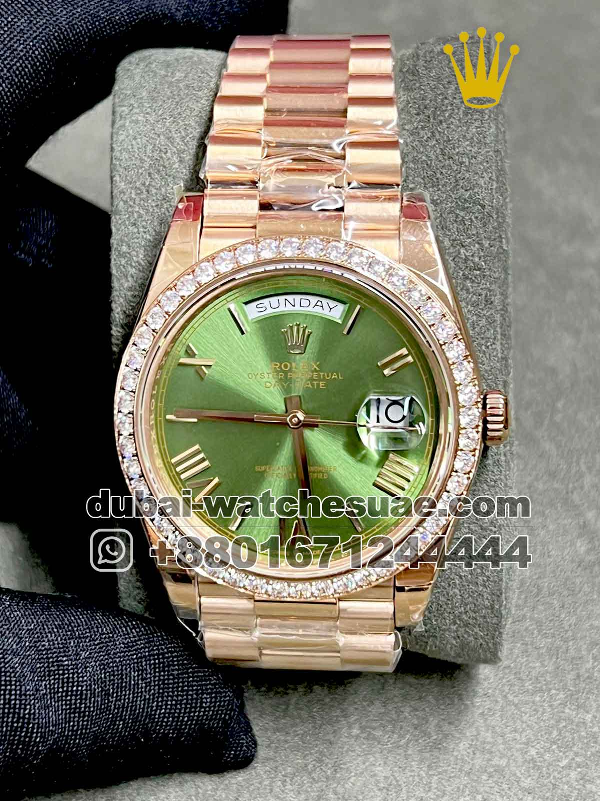 r13-a.jpg Rolex 40 mm Day date ,Rose gold, Green dial ,Stoned Bezel - Image 1
