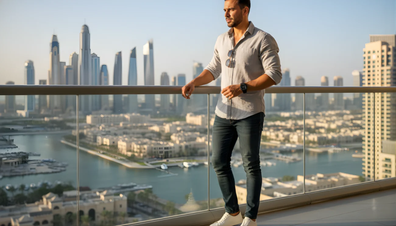 Luxury copy watch worn by man overlooking Dubai skyline